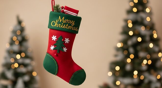 Festive christmas stocking filled with gifts hanging in a cozy home with christmas trees creating a warm holiday atmosphere