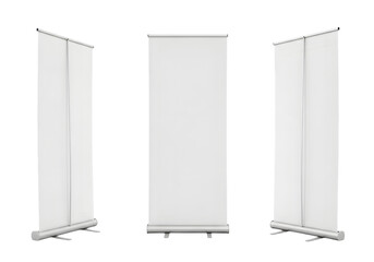 Three white roll up banner stands shown from different angles isolated on a transparent background display