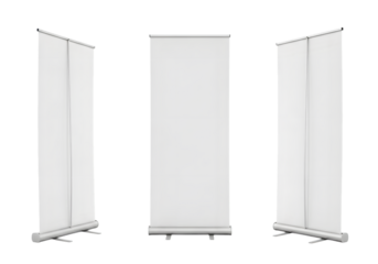 Three white roll up banner stands shown from different angles isolated on a transparent background display