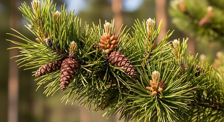 Closeup of pine tree branch with cones and needles in a forest setting showcasing nature's beauty and intricate details of evergreen foliage