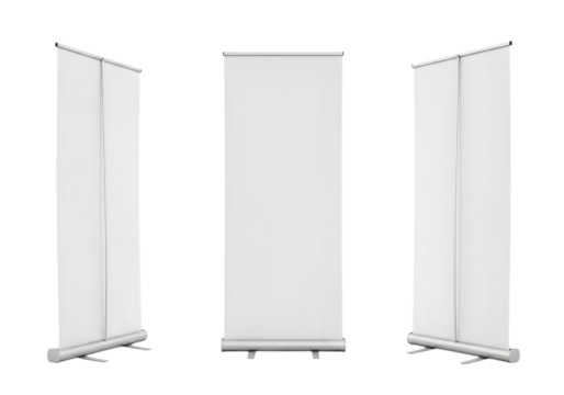 Three white roll up banner stands shown from different angles isolated on a transparent background display
