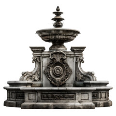 An ornate classical stone fountain with intricate sculptural details isolated on a white background