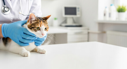 Veterinarian in blue gloves gently examining a calico cat on a white table in a bright, modern clinic environment with medical equipment nearby