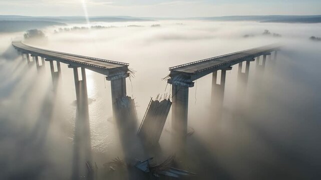 Broken Bridge in Fog - A Symbol of Disconnection and Uncertainty.