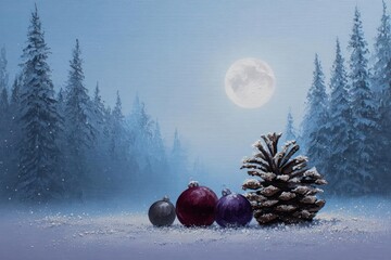 Magical winter night scene with frosted pinecones and ornaments under a full moon in a snowy forest