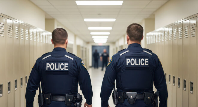 Two police officers walking through a school hallway, with lockers lining the walls, ensuring safety and security in an educational environment