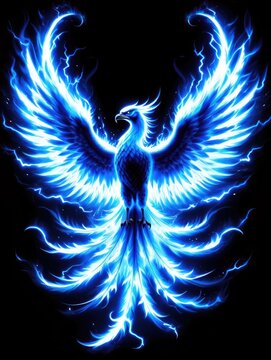 Majestic blue phoenix with glowing wings against a dark background