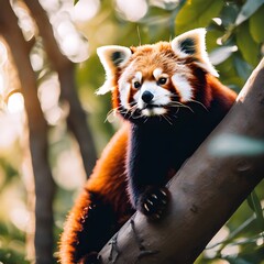 Fototapeta premium Adorable Red Panda Relaxing on a Tree Branch in Forest Sunlight