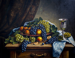 18th-Century Still Life with Grapes, Peaches, and Silver Goblet on Wooden Table