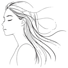 Line art of woman's profile with flowing hair design