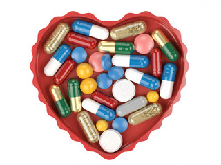 Promote wellness with vibrant pills and capsules in a heart shaped container, symbolizing love, care, and pharmaceutical innovation for a healthy lifestyle
