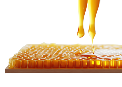 Fresh honey dripping onto honeycomb, isolated background