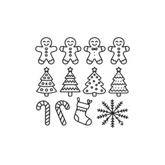 Black and white line art icons of Christmas gingerbread men trees candy canes stocking snowflake