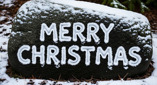 Merry christmas message written in snow on a rock in a winter landscape creating a festive holiday season greeting card or background image