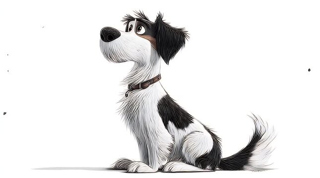 Fluffy White Dog with Black Patches and Curious Eyes in Stylized Cartoon Character Design