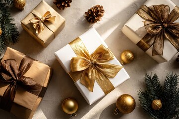 Overhead view of beautifully wrapped christmas gifts with golden ribbons and pine cones arranged on a textured surface