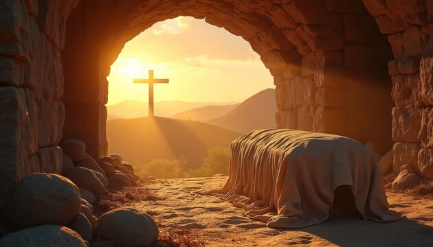 Resurrection of Jesus Christ on Easter morning with empty tomb. Sun rises behind cross on hill, viewed from inside stone cave. Religious scene Christian faith hope redemption, eternal life for