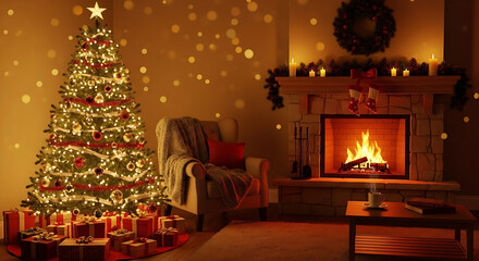 Fototapeta premium fireplace with christmas decorations