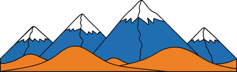 Colorful mountain range illustration with snowcapped peaks and orange foothills.