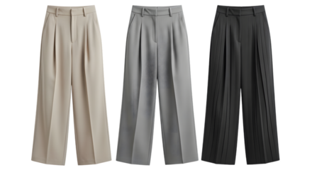 Three wide-leg trousers in beige grey and black with pleats and plain styles isolated on a transparent background