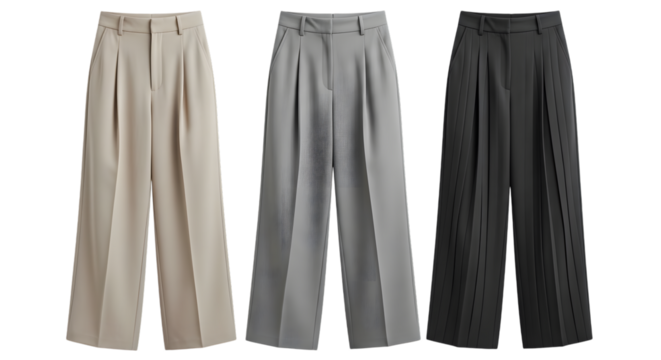 Three wide-leg trousers in beige grey and black with pleats and plain styles isolated on a transparent background
