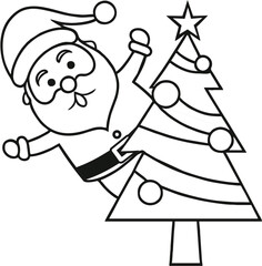 Black and white clipart of Santa Claus peeking from behind the Christmas tree