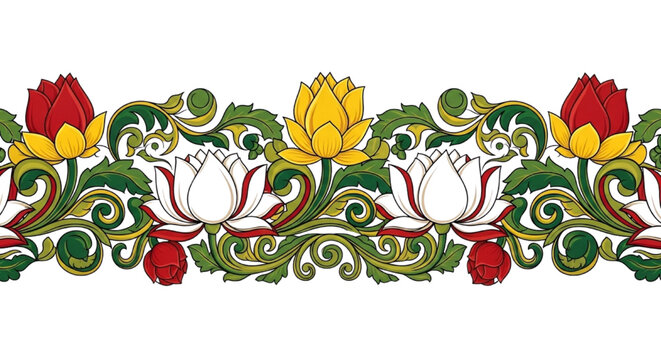 Traditional Sri Lankan lotus flower border vector. Seamless vibrant ornamental floral pattern.