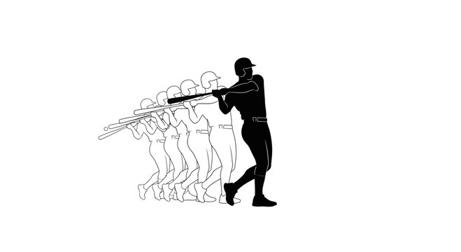 Dynamic baseball batter silhouette sequence, perfect for sports branding and athletic designs, conveys power, motion, and dedication to the game, bold and striking visuals