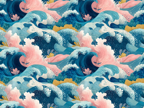 Dreamy Ukiyo-e Style Japanese Ocean Waves Pattern with Sea Foam, Flying Birds and Abstract Floral Elements