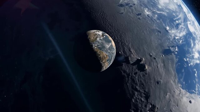 Earth rotates in space as the camera shifts viewpoint, revealing changing shadows along the terminator and subtle motion across clouds and surface features in five sequential orbital frames.