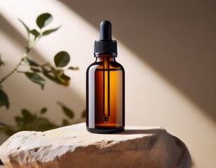 amber dropper bottle mockup on beige stone with blank label and soft daylight creating premium neutral aesthetic