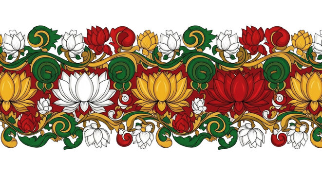 Traditional Sri Lankan lotus flower border vector. Seamless vibrant ornamental floral pattern.