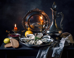 Elegant Still Life with Oysters, Lemons, Silverware and Candlelight in Dutch Golden Age Style