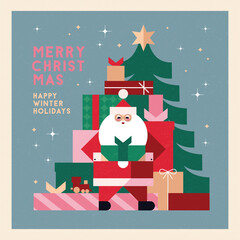 Christmas illustration in contemporary flat geometric style with Santa putting presents under the  Christmas tree. Design for Holiday greeting cards, postcards or advent calendar. Vector illustration