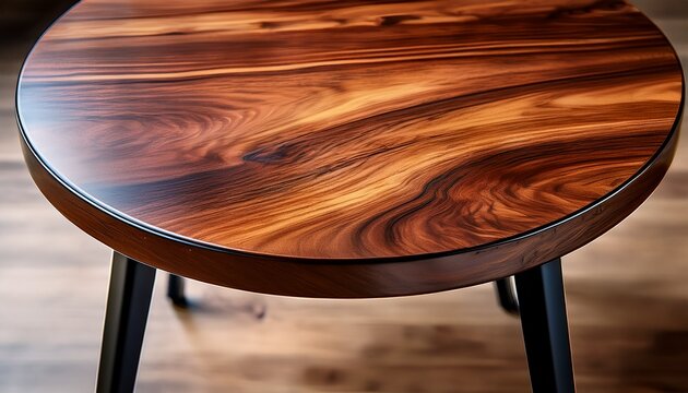 close up view of polished rosewood tabletop displaying rich brown wood grain and texture with black metal legs