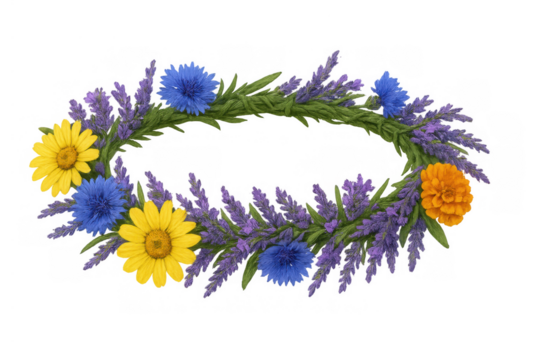 Wreath from wildflowers including lavender, cornflower, and daisies forming an oval frame on transparent background