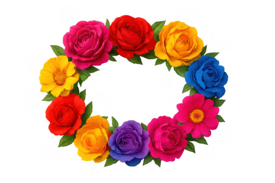 Colorful flower wreath creating a vibrant circular frame, perfect for spring, summer, and celebration designs with transparent background