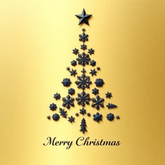 Minimalist Christmas Tree Made of Black Snowflakes on Smooth Golden Texture. Upscale Holiday Greeting_7