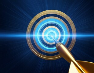 gold dart pointing towards glowing blue bullseye target hologram in dark navy background