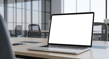 Laptop with a blank white screen on a wooden conference table in a modern office setting ready for presentations and collaborative work sessions with a clean design