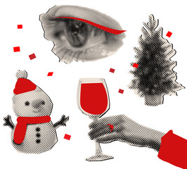 Halftone cutout christmas elements,vintage Xmas tree,hand holding champagne glass,snowman and eye