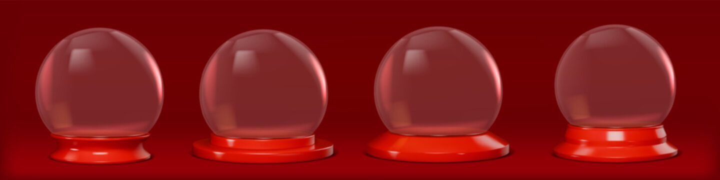 Snow globe. Christmas crystal ball, empty glass snowball or 3d gift bubble with round podium. Minimal transparent crystal. Xmas holiday celebration. Vector realistic isolated merry xmas set