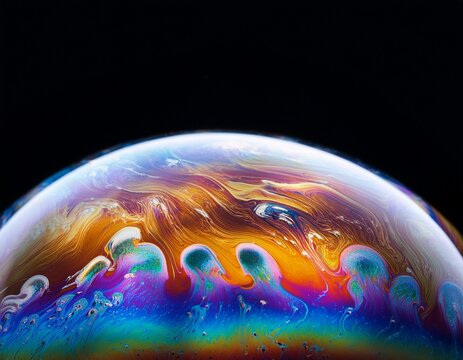 macro view of soap bubble surface with colorful iridescent patterns against black background - Powered by Adobe