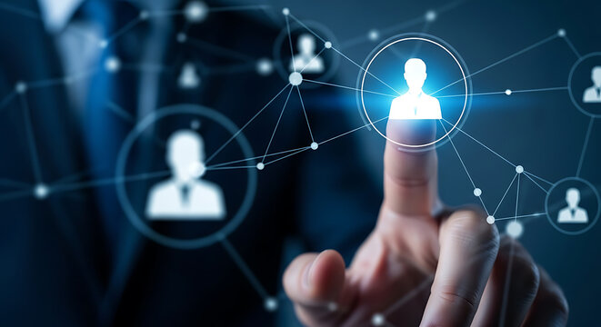 Man touching a virtual screen showing a network of connected user icons for business networking and human resources concepts.