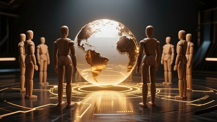 Glowing Earth encircled by wooden figures, symbolizing global interconnectedness and community, lines radiate outward, worldwide communication and network.