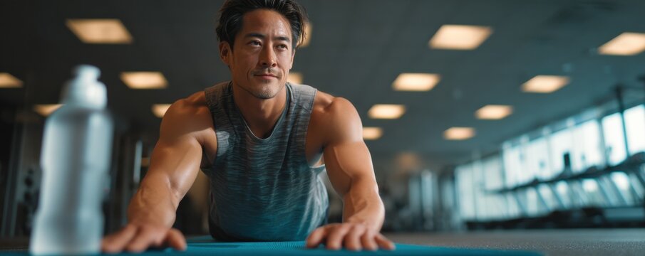 Athletic man in gym doing a plank exercise to build core strength and fitness