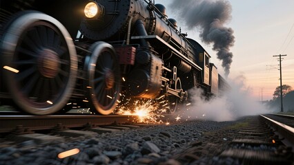 Cinematic scene of a speeding train on railway tracks at dusk sparks flying beneath the wheels, motion blur on gravel and rails, thick smoke and steam around the engine.