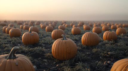 Orange pumpkins in field ready for Halloween in autumn misty morning