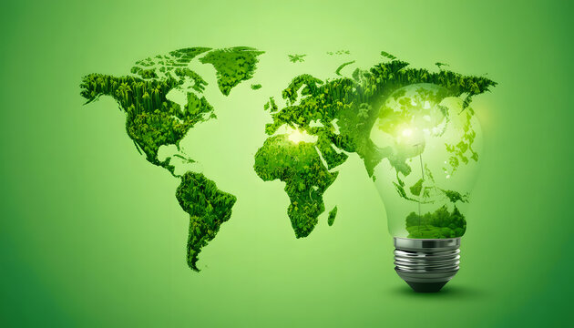 Creative Light Bulb Design with Green World Map Made of Trees