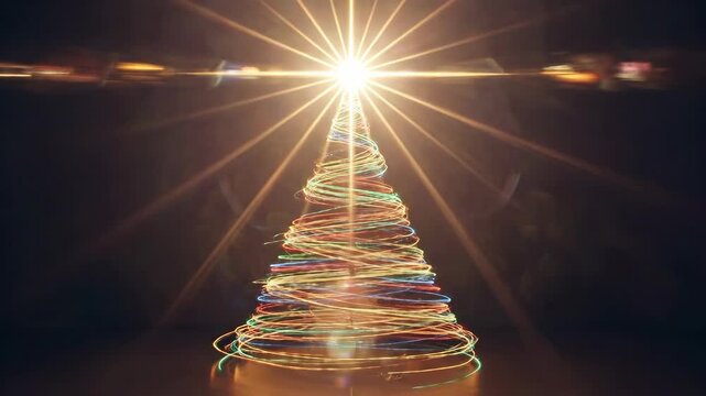 Colorful Light Trails Forming a Christmas Tree with Bright Star Top in Dark Background